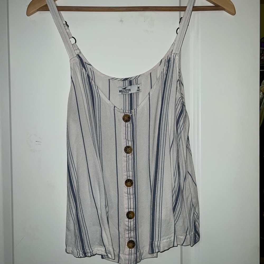 barely worn white tank with blue stripes and tan buttons